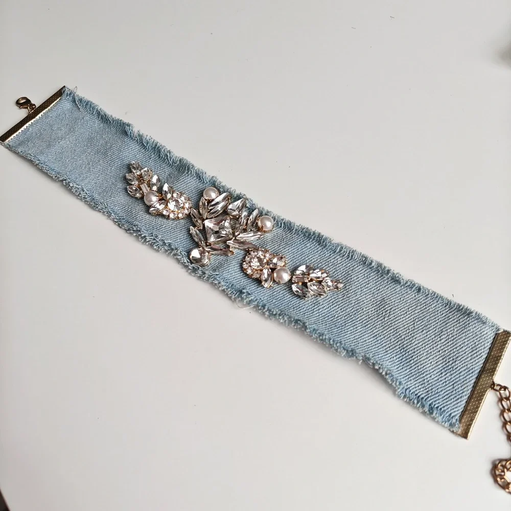 Light Blue Denim Choker Necklace Glass Crystal Rhinestone Faux Pearl Gold Tone